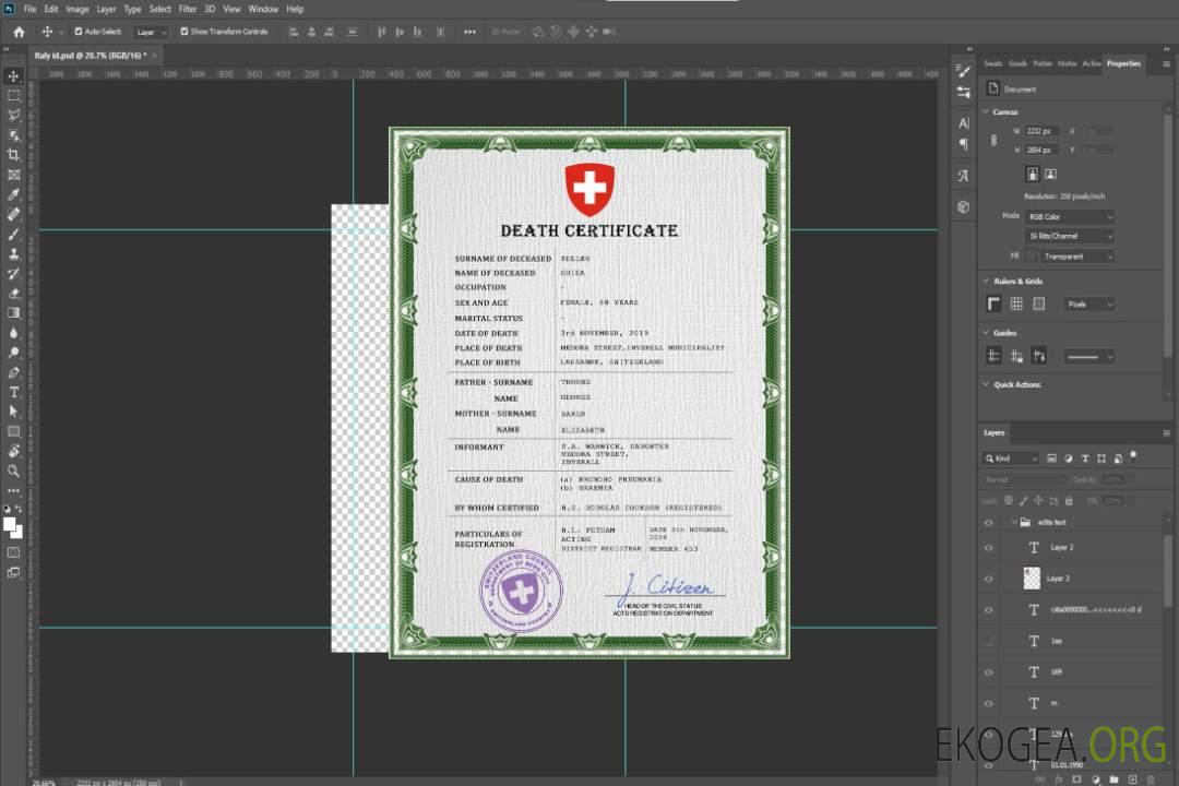 Modèle PSD de certificat de décès en Suisse template